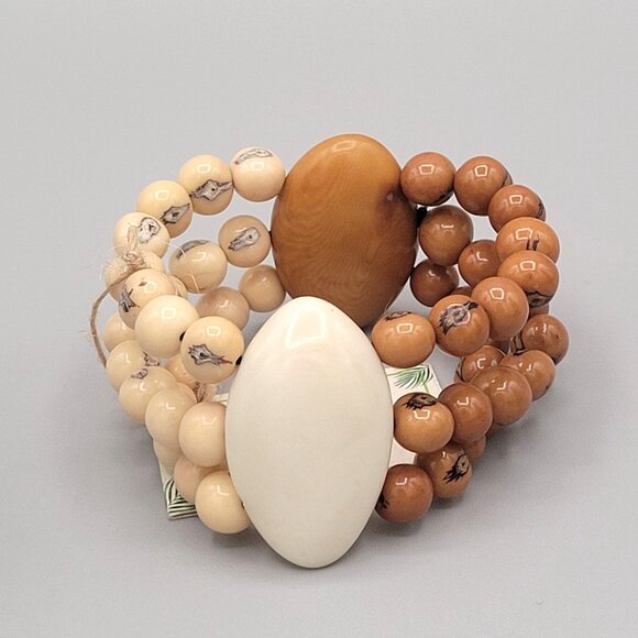 Handcrafted Tagua Nut Multi Strand Artisan Bracelet Natural Cream Orange - Picture 1 of 9